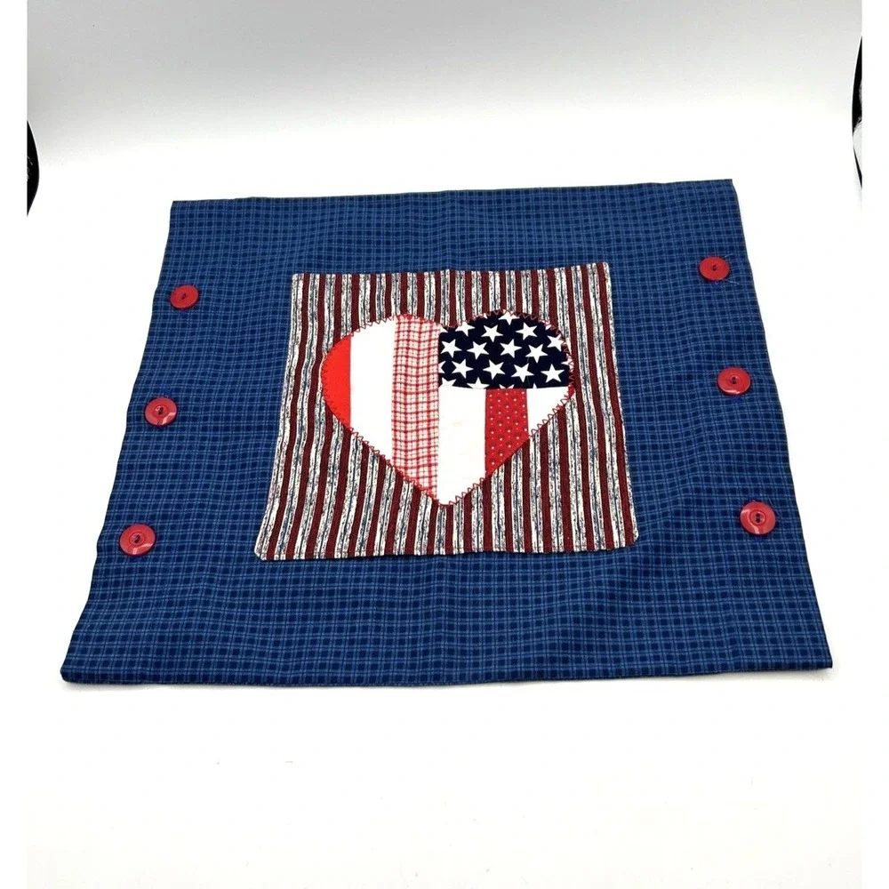 Handmade Patriotic Heart Pillow Cover Small Blue Americana Gingham Button Decor